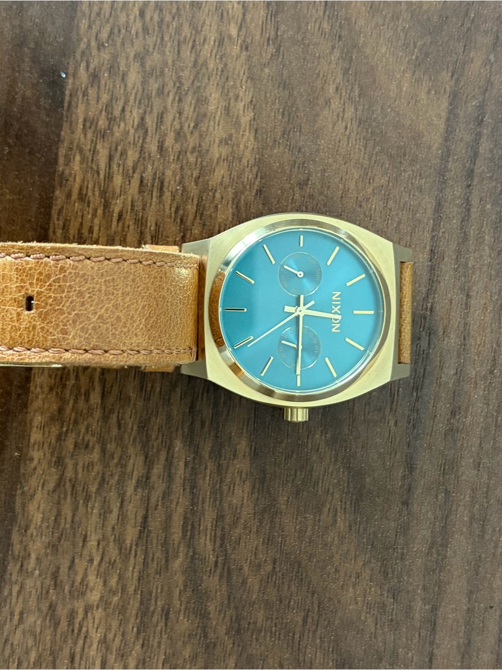 Nixon Gold Case Watch with Blue Dial and Tan Leather Strap